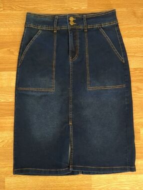 Dark Wash Denim Pencil Midi Jean Bleu Skirt, Modest, Front Slit, Size 8